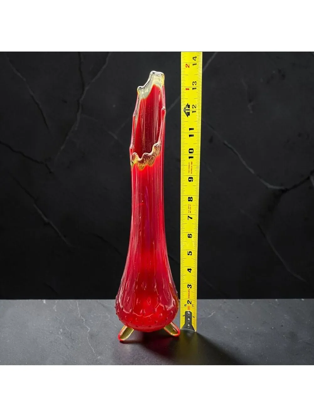 Vintage 1960s LE Smith Amberina Glass Vase with Hobnail Base and Three Feet, 14